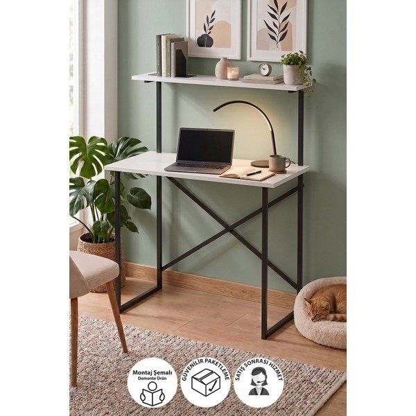 Bofigo 90x45 cm Atay Beyaz Raflı Çalışma Masası Laptop Masası Çocuk Çalışma Masası Ders Masası