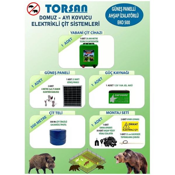 Torsan Eko 500 Domuz Ayı Kovucu 500 mt Güneş Panelli Elektrikli Çit Sistemi