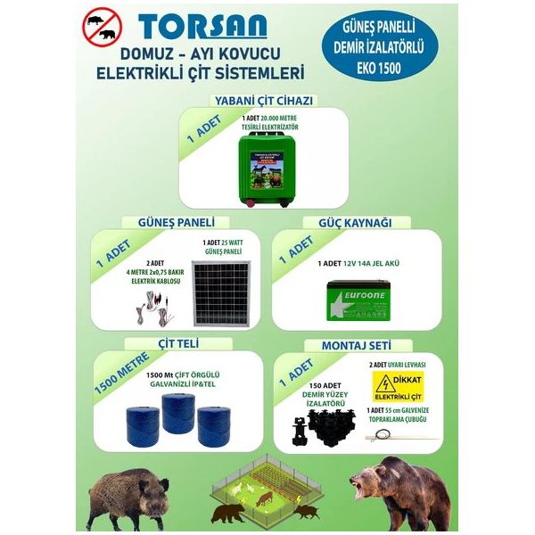 Torsan Eko Plus 1500 Domuz Ayı Kovucu 1500 mt Güneş Panelli Elektrikli Çit Sistemi