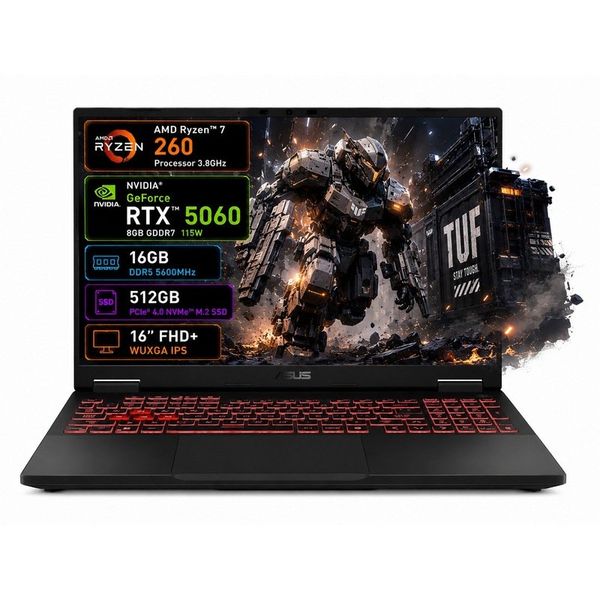 Asus TUF Gaming A16 FA608UMI-TU166 Ryzen 7 260 16GB RAM 512GB SSD RTX 5060 FreeDOS 16 inç Gaming Laptop