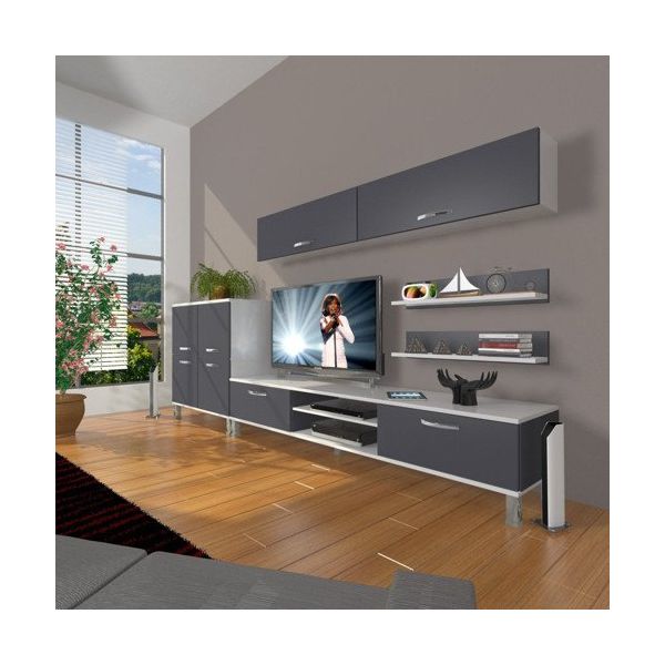 Decoraktiv Eko 6Y Mdf Dvd Krom Ayaklı Beyaz Antrasit Tv Sehpa Ünitesi