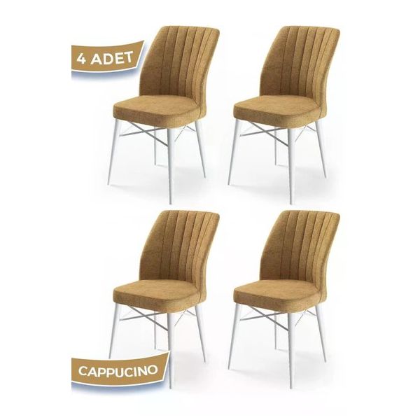 Canisa Flex Serisi Üst Kalite Gürgen Beyaz Ahşap Ayak Cappucino 4 Adet Mutfak Sandalyesi