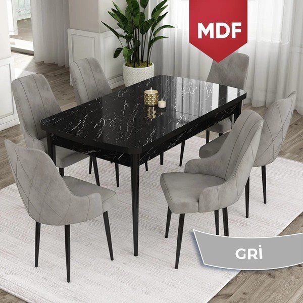 Canisa Concept Ram 80x132 CM 6 Baby Face Kumaş Gri Sandalye Siyah Mermer Desen Açılabilir Yemek Masası