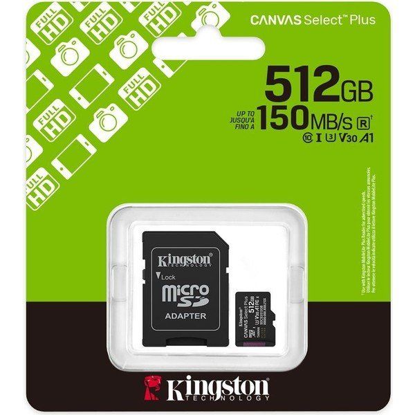 Kingston Canvas Select Plus SDCS3/512GB Class 10 UHS-I U3 A1 V30 512 GB Micro SD Kart
