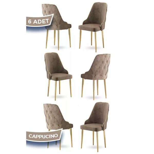 Canisa Krax Serisi 6 Adet 1. Sınıf Babyface Kumaş Gold Metal Ayaklı Cappucino Yemek Odası Sandalyesi