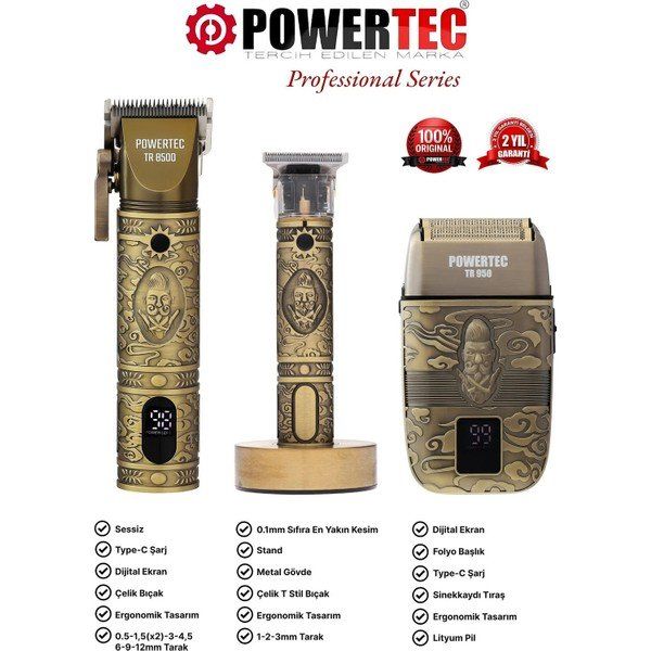 Powertec TR-1818 + TR-8500 + TR-950 3in1 Profesyonel Erkek Bakım Seti
