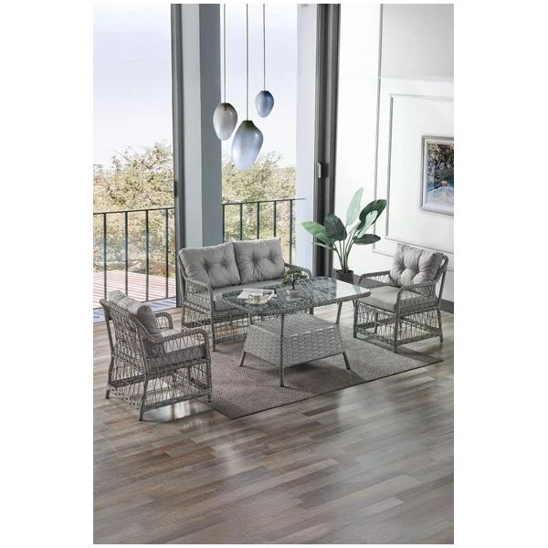 Evdemo Breda 2+1+1 Gri Cam Masalı Rattan Örgü Bahçe Balkon Takımı