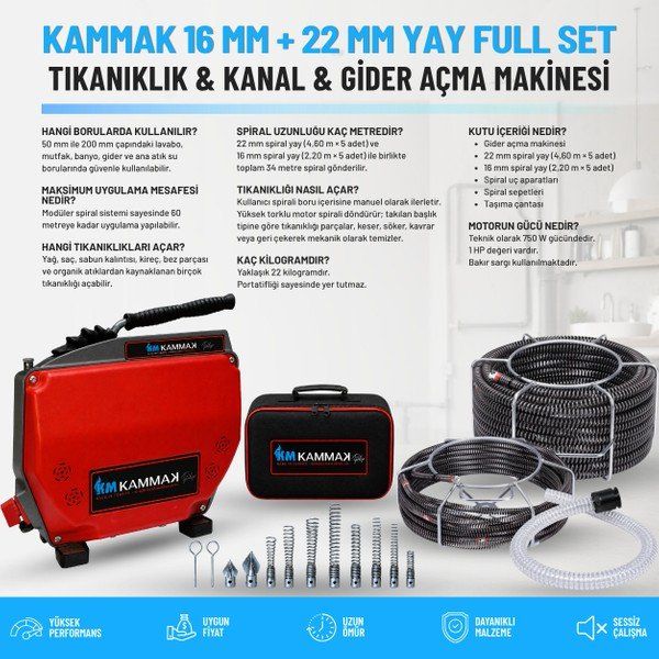 Kammak 16 mm + 22 mm Yay Full Set Gider Açma Makinesi