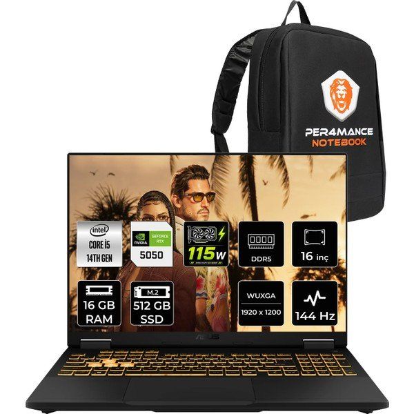 Asus TUF Gaming F16 FX608JHI-TU231 i5-14450HX 16GB RAM 512GB SSD RTX 5050 FreeDOS 16 inç Gaming Laptop