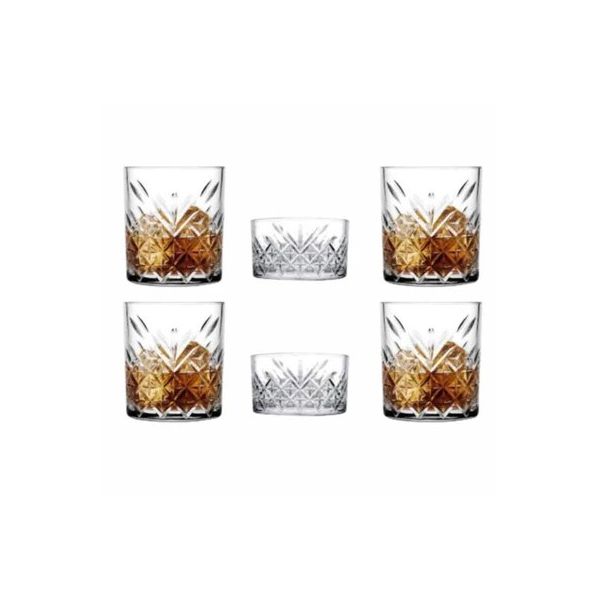 Paşabahçe Timeless 4 Adet Lüx Kristal Dekorlu 345 cc ve 2 Adet Viski Bardağı Çerezlik Takımı
