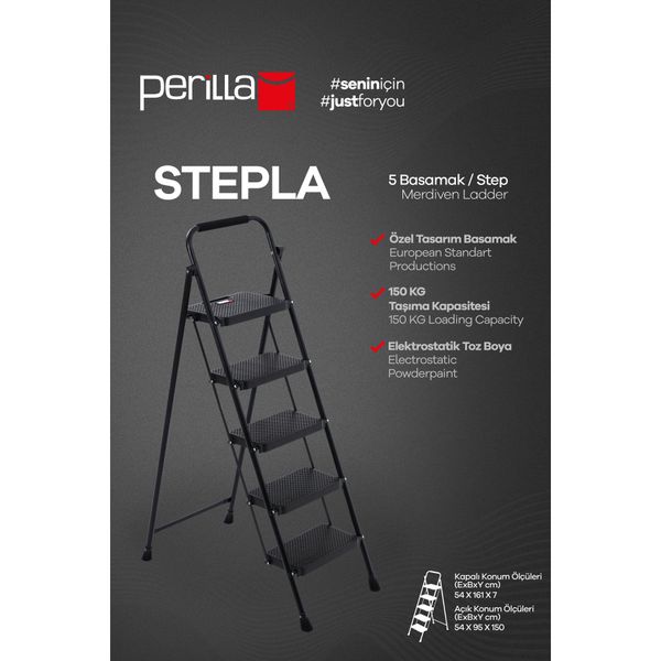 Perilla Stepla 5 Katlanır 5+1 Basamaklı Siyah Çelik Merdiven