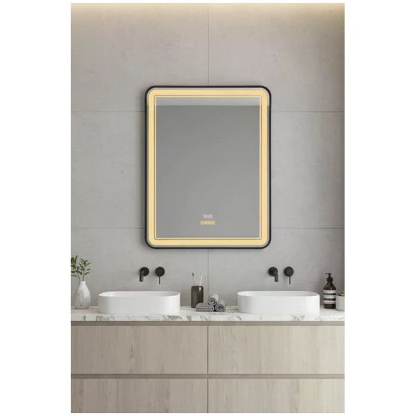 Avend Akıllı Ayna Hareket Sensörlü Buhar Tutmayan 3 Renk Ledli Işıklı Dokunmatik 3 Butonlu HD Yansıma 60x90 cm Dimmer Özellikli Siyah Çerçeveli Lavabo Makyaj Banyo Aynası