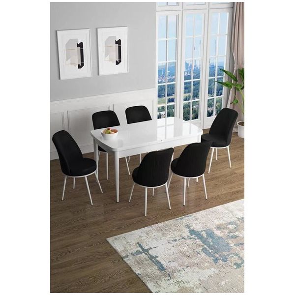Canisa Concept Han Serisi 70x114 cm Beyaz Masa ve 6 Siyah Sandalye Açılabilir Mdf Mutfak Masası