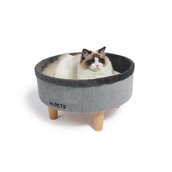M-Pets Round Elevated Gri 47x47x26 cm Ahşap Ayaklı Kedi Yatağı