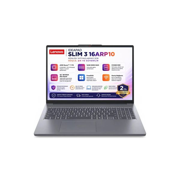 Lenovo IdeaPad Slim 3 16ARP10 83K80085TR Ryzen 7 170 16 GB RAM 512 GB SSD FreeDOS 16 inç Laptop
