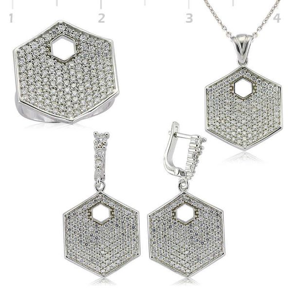Gumush Zirkon Taşlı Altıgen Kadın Gümüş Set