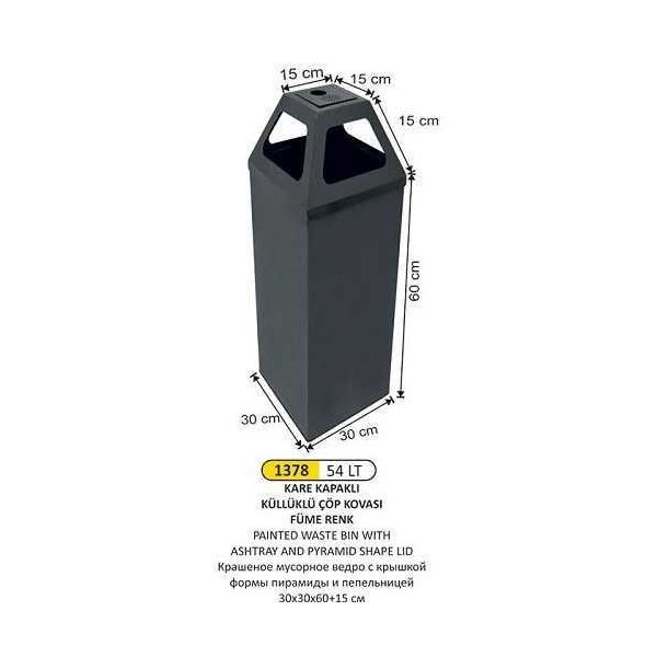 Arı Metal 1378 54 lt Piramit Kapaklı Küllüklü Füme Çöp Kovası