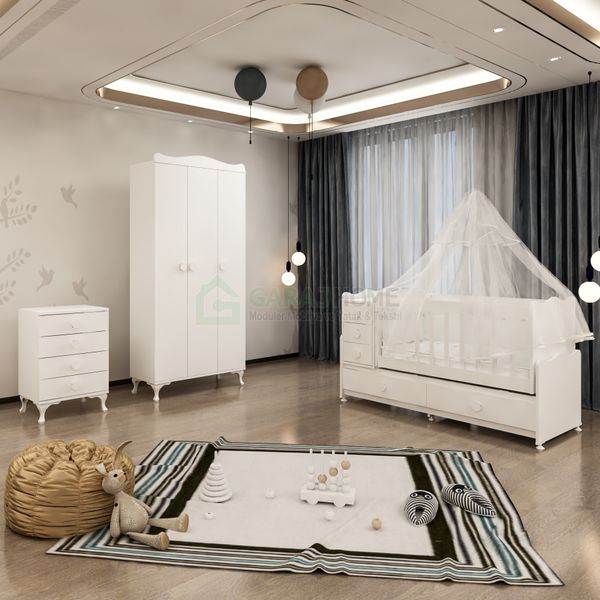Garaj Home GarajHome Melina Yıldız 3 Kapaklı Beyaz Yatak ve Uyku Seti Kombinli Bebek Odası Takımı