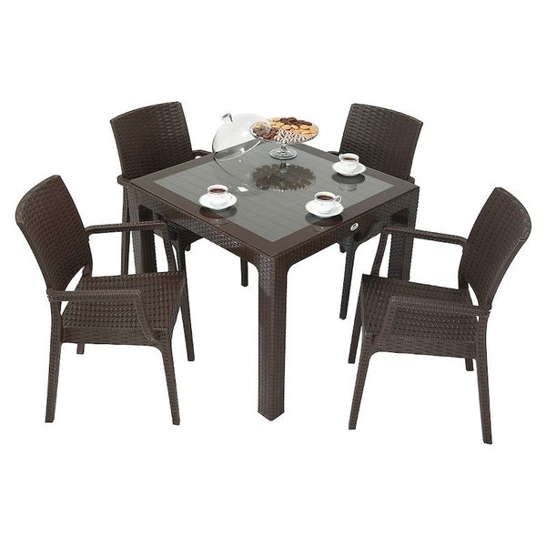 Mandella Elit Rattan 90x90 cm Elit Koltuk Kahverengi Camlı Masa Takımı