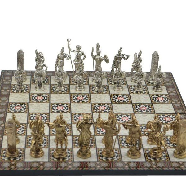 Gift Home Metal Satranç Takımı Battal Yunan Parlak Sedef Desenli Satranç Tahtası