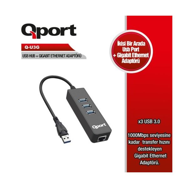 Qport Q-U3G Usb To USB3.0 Çoklayıcı + Ethernet