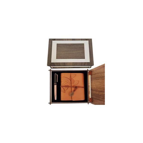 Pilelistore Özel Ahşap Kutulu Taba Deri Defter ve Bakır Roller Kalem Set