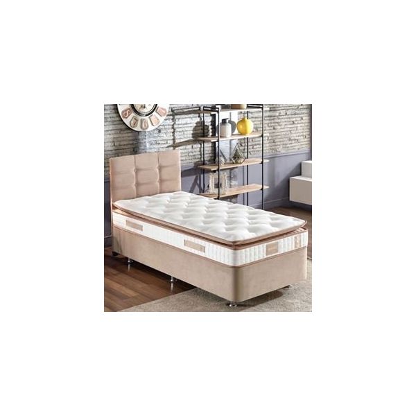 Niron Queen 90x190 cm Tek Kişilik Pedli Sütlü Kahve Kumaş Baza, Başlık Ve Yatak Takımı Seti
