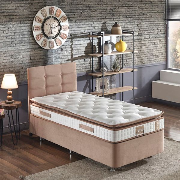 Niron Queen 80x180 cm Tek Kişilik Pedli Sütlü Kahve Kumaş Baza, Başlık Ve Yatak Takımı