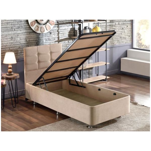Niron Yatak Polo 90x190 CM Soho Kumaş Tek Kişilik Sütlü Kahve Kumaş Baza Ve Başlığı