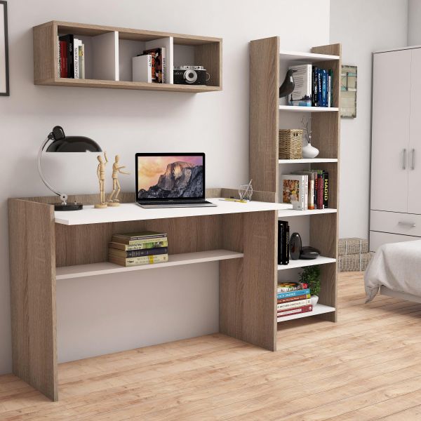 Bimossa U7020 Hürrem Kitaplık ve Raflı Ceviz/Beyaz Çalışma Masası
