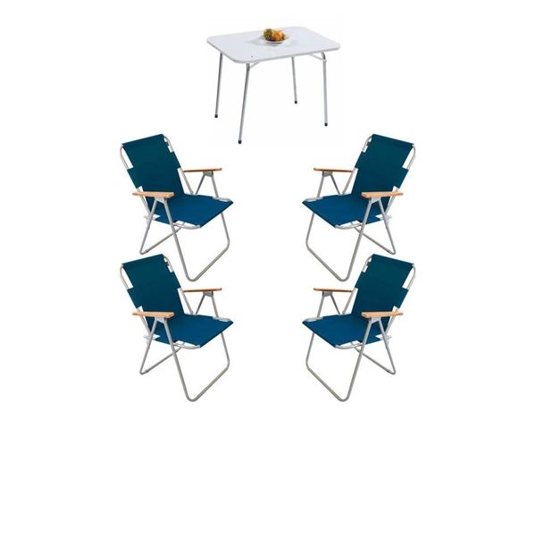 Bofigo Katlanır Beyaz 60x80 cm Masa + Katlanır Mavi 4 Adet Sandalye Kamp Seti