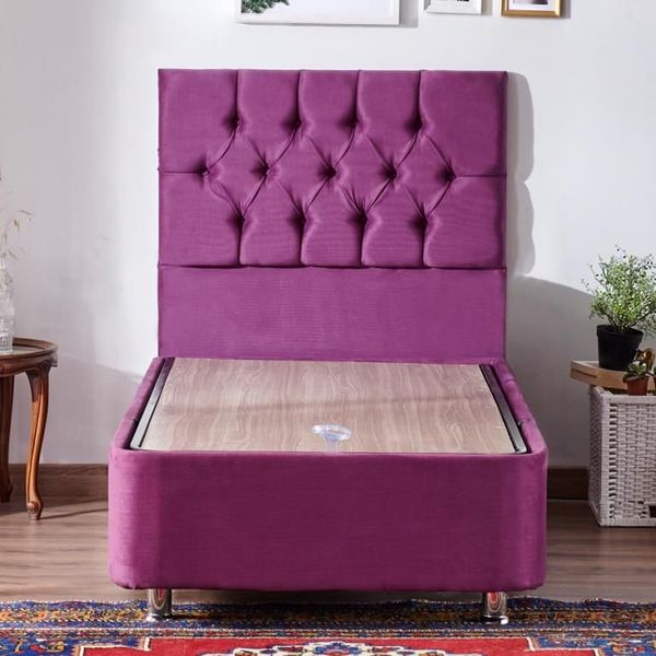 Niron Purple Baza Ve Başlık Seti 80x180 cm Tek Kişilik Sandıklı Mor Kumaş Baza Ve Başlığı
