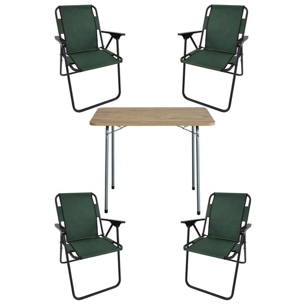 Bofigo 60x80 Çam Desenli Katlanır Masa + Katlanır Yeşil 4 Adet Sandalye Kamp Seti