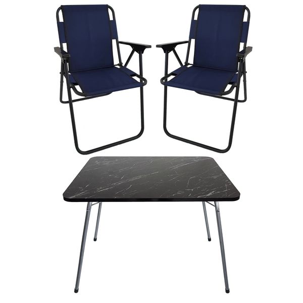 Bofigo Katlanır Granit Desenli 60x80 cm Masa + Katlanır Lacivert 2 Adet Sandalye Kamp Seti