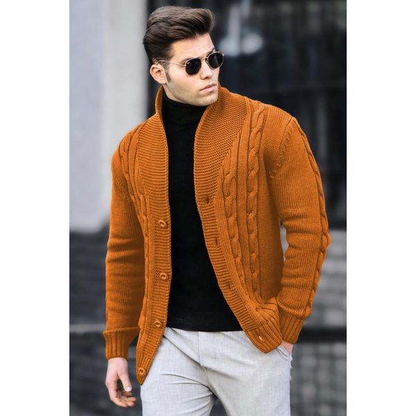 Madmext 9053 Hardal Örgülü Erkek Hırka