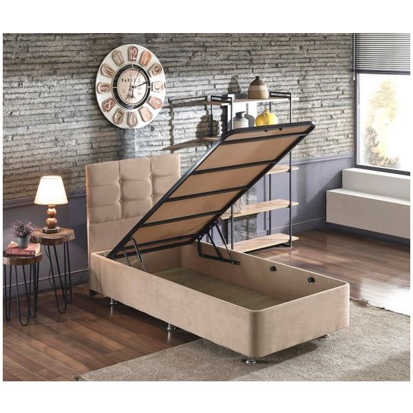 Niron Yatak Polo 100x200 CM Soho Kumaş Tek Kişilik Sütlü Kahve Kumaş Baza Ve Başlığı