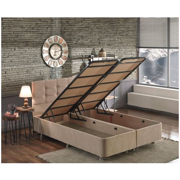 Niron Yatak 160x200 cm Polo Sütlü Kahve Soho Kumaş Çift Kişilik Baza ve Başlık Seti