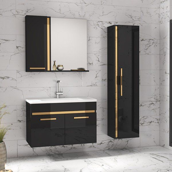 Alfa Banyo Yeni Gold Siyah 80+35 cm Boy Dolaplı Banyo Dolabı Takımı