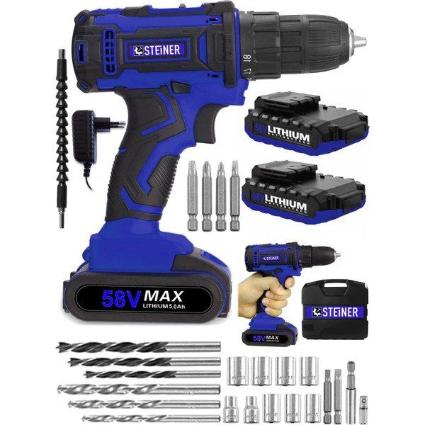 Steiner Germany Technology Cooper 58 V 5 Ah Darbeli Metal Şanzıman Şarjlı Mavi Renk Çift Akülü Vidalama Matkabı