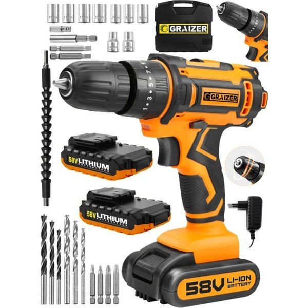 Graizer Alman Technology 58 V 5 Ah Darbeli Çift Akülü Vidalama Metal Şansuman Şarjlı Matkap