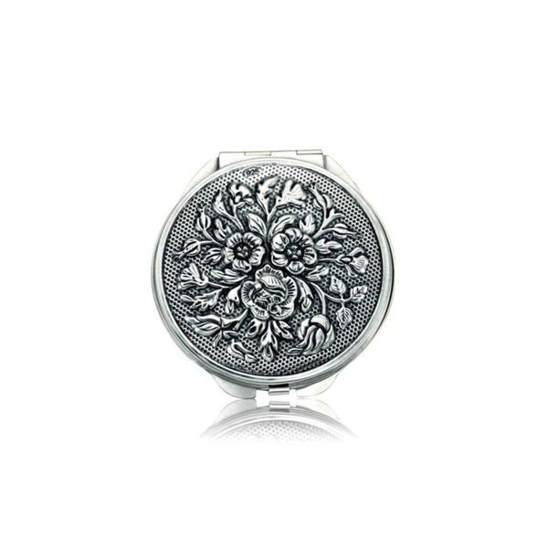 Gumush KR2550059 Gül Motifli Kapaklı Yuvarlak Gümüş El Aynası