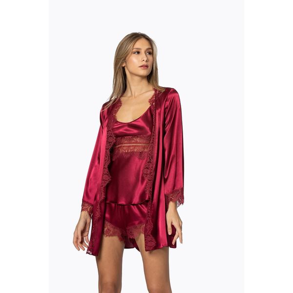 Pierre Cardin 2490 Bordo Saten 3'lü Kimono Şort Takımı