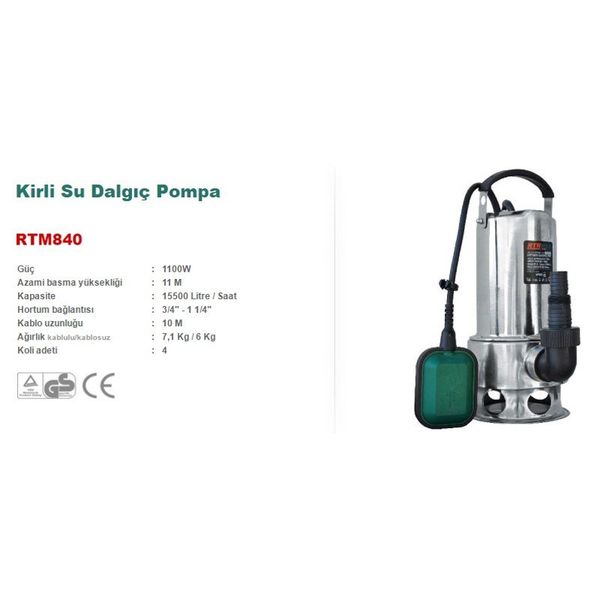 Rtrmax RTM840 Kirli Su Dalgıç Pompa