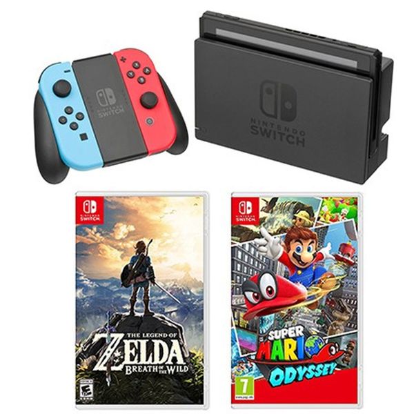 Nintendo Switch Neon Red Blue + Super Mario Odyssey + The Legend Of Zelda Breath Wild