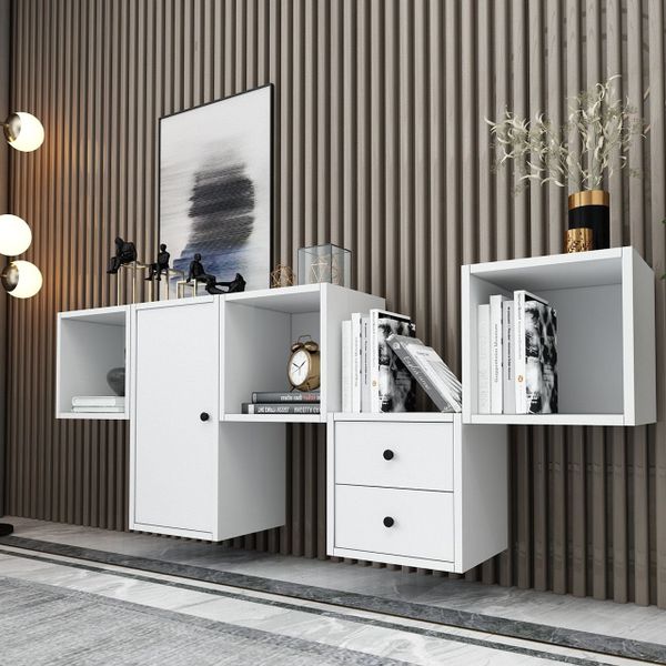 BK Concept Beyaz 168 cm KNS-1128-Ç Raflı Dolaplı Çekmeceli Duvar Konsolu