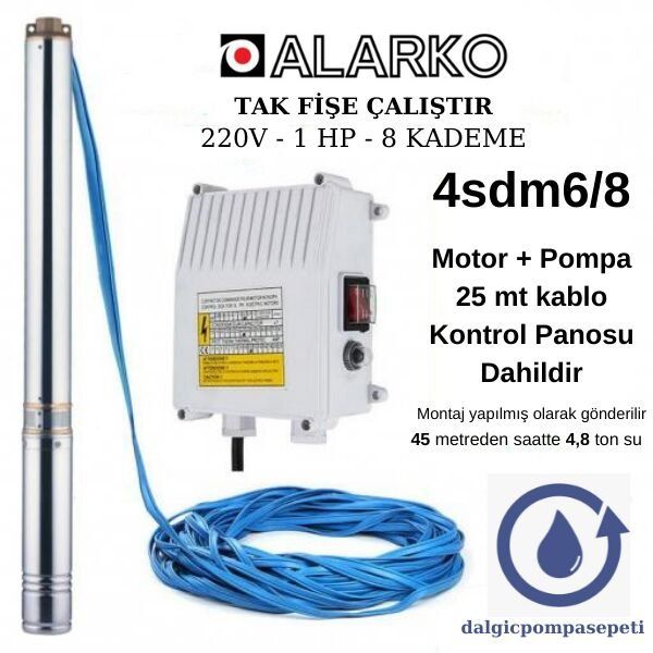 Alarko 4sdm6/8 Set Halinde 25 Mt Kablolu Panolu Monofaze 220 Watt Dalgıç Pompa