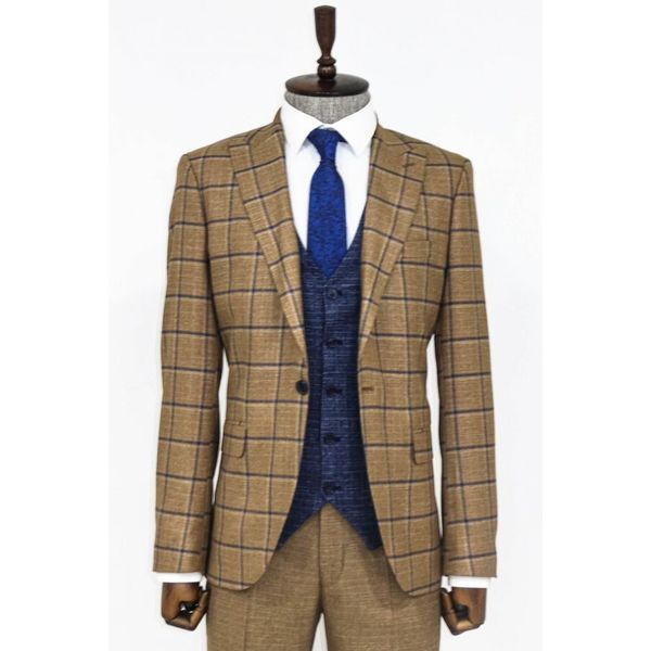 Wessi Ekose Ceketli Taba Slim Fit Takım Elbise