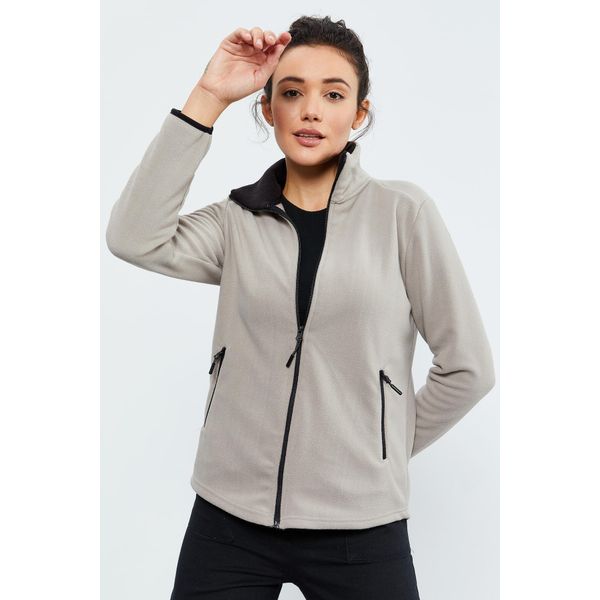 Tommy Life 97173 Koyu Bej Kadın Dik Yaka Fermuarlı Rahat Form Polar Sweatshirt
