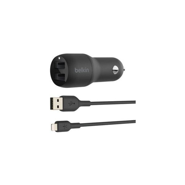 Belkin 24W Hızlı Araç Şarj Cihazı 2 Port USB Siyah+Apple Lightning Kablo
