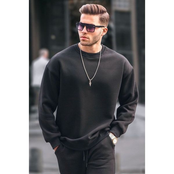 Madmext 6048 Siyah Bisiklet Yaka Oversize Şardonlu Basic Erkek Sweatshirt